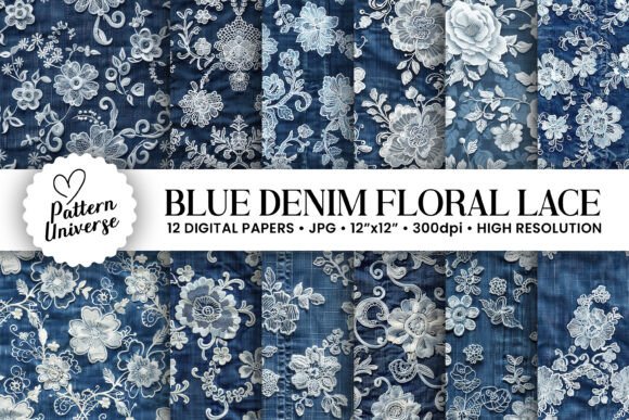 Blue Denim Floral Lace Digital Papers