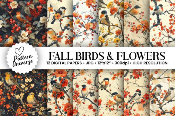 Fall Birds Flowers Digital Papers
