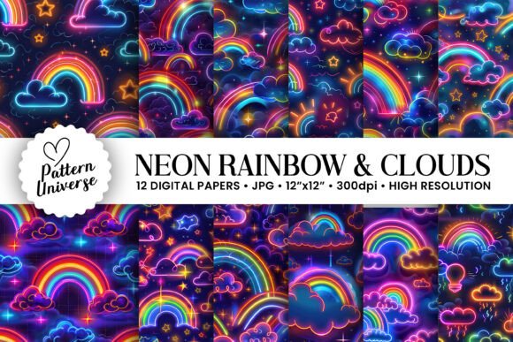 Neon Clouds Rainbow Digital Papers