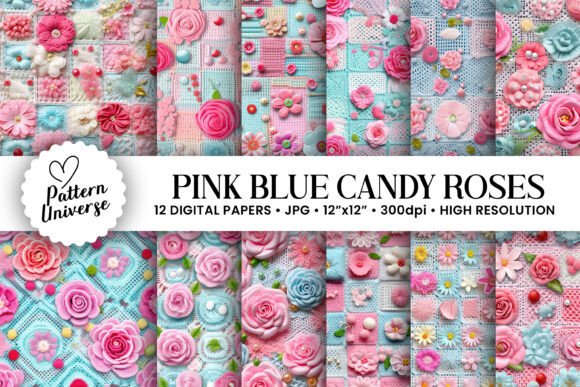 Pink Blue Crochet Roses Digital Papers