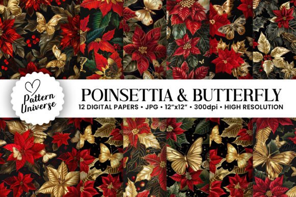 Poinsettia Gold Butterfly Backgrounds