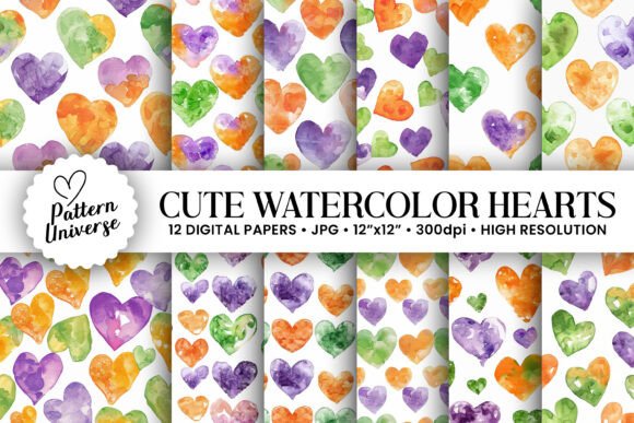 Purple Orange Green Watercolor Hearts