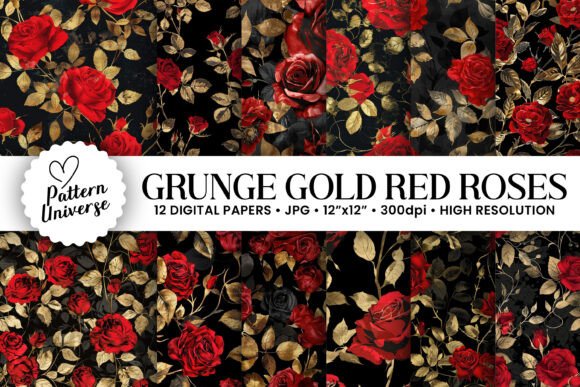 Red Gold Grunge Roses Digital Papers