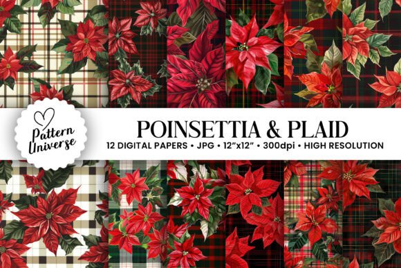 Red Poinsettia Plaid Background: Seamless Patterns for Holiday Design