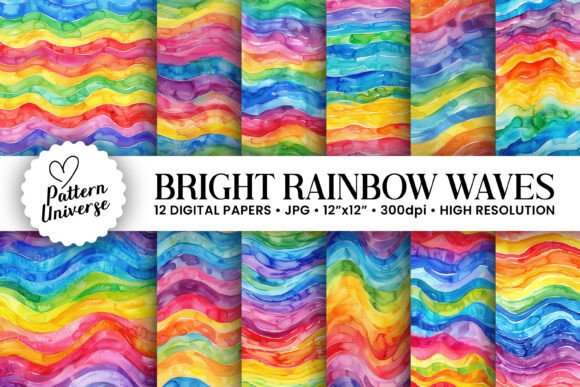 Watercolor Rainbow Waves Digital Papers